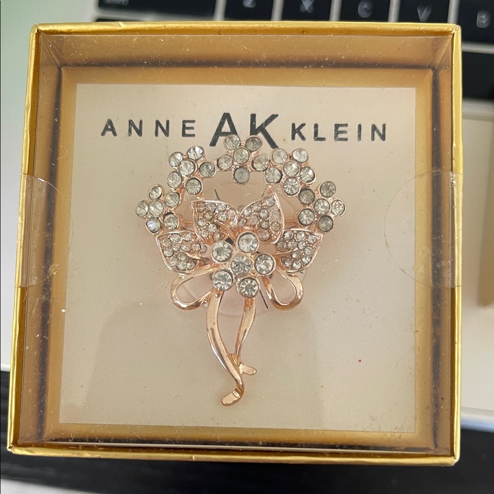 Anne Klein Rose Gold Floral Brooch with Crystals